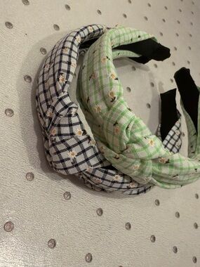 Women Plaid Flower Knotted Headband - Green and Navy